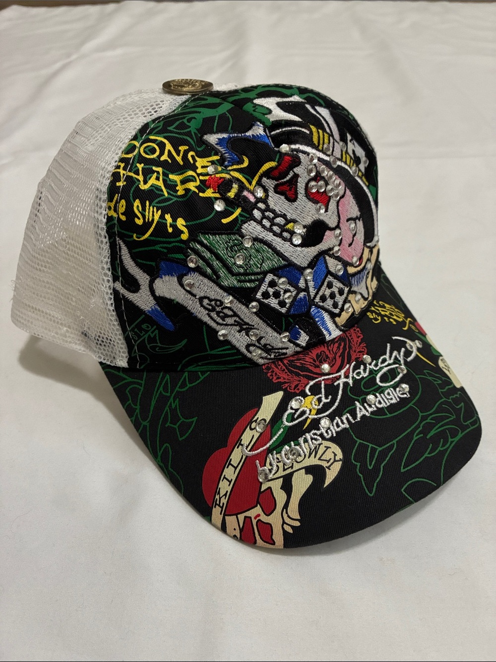 Don Ed Hardy Skull Dice Baseball Cap Trucker Hat Snapback Rhinestone Bling